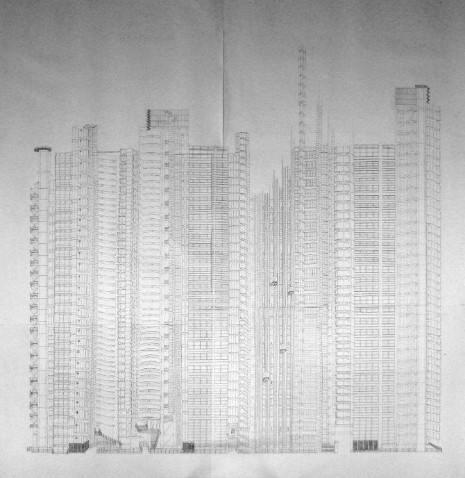 Lloyds of London, Pigment ink on paper, 170 x 160 cm<br />(A drawing inspired by the Lloyds building in the city of London, also called the Inside-Out Building, designed by the amazing Richard Rogers. The drawing consists of six A1 sheets of paper.)