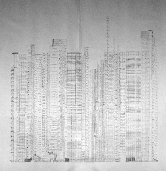 Lloyds of London, Pigment ink on paper, 170 x 160 cm<br />(A drawing inspired by the Lloyds building in the city of London, also called the Inside-Out Building, designed by the amazing Richard Rogers. The drawing consists of six A1 sheets of paper.) Lloyds of London, Pigment ink on paper, 170 x 160 cm<br />(A drawing inspired by the Lloyds building in the city of London, also called the Inside-Out Building, designed by the amazing Richard Rogers. The drawing consists of six A1 sheets of paper.)