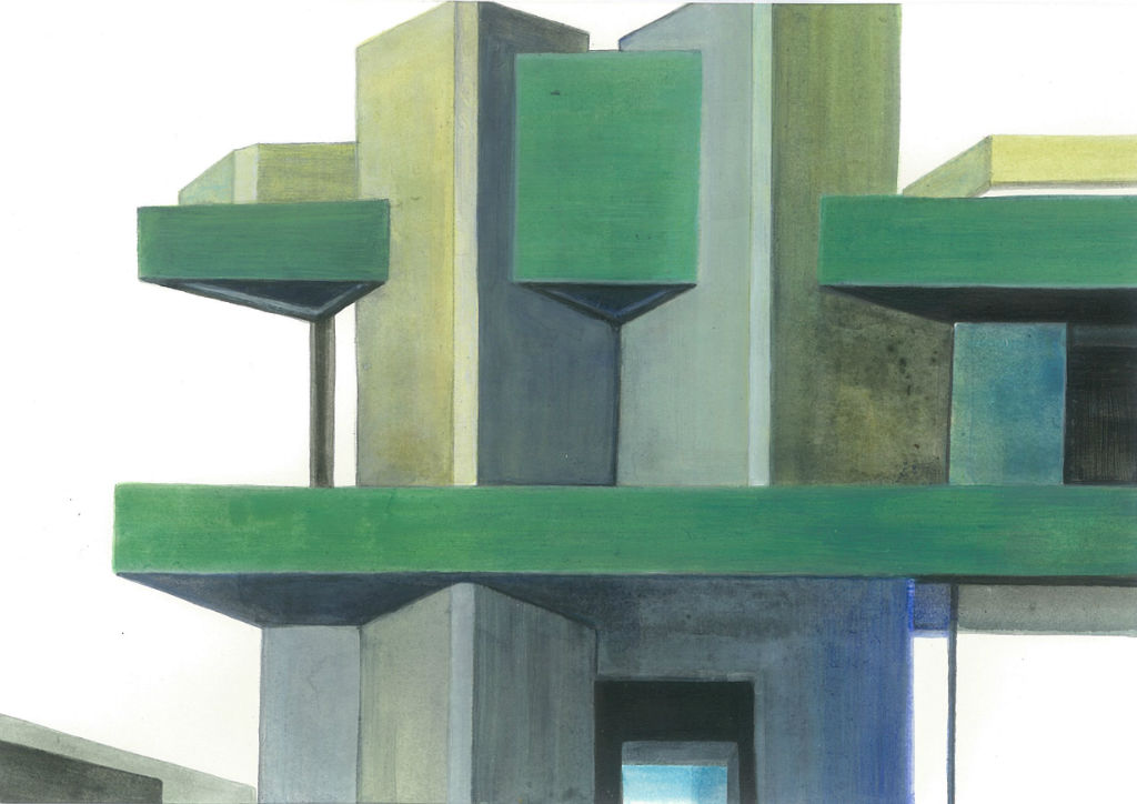 Plotting the City No. 18 (National Theatre London), 2012, Acryl auf Papier, 15 x 21 cm (Privatbesitz) Plotting the City No. 18 (National Theatre London), 2012, Acryl auf Papier, 15 x 21 cm (Privatbesitz)