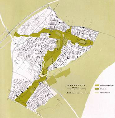 GESAMTPLAN DER SENNESTADT MIT GRÜNANLAGEN, ENTWURF PROF. DR. HANS B. REICHOW, HAMBURG. IN: HANS BERNHARD REICHOW, 10 JAHRE SENNESTADT - PLANUNG UND AUFBAU, STAND OKTOBER 1964, SONDERDRUCK DER DEUTSCHEN BAUZEITSCHRIFT, HEFT 1, 1965 GESAMTPLAN DER SENNESTADT MIT GRÜNANLAGEN, ENTWURF PROF. DR. HANS B. REICHOW, HAMBURG. IN: HANS BERNHARD REICHOW, 10 JAHRE SENNESTADT - PLANUNG UND AUFBAU, STAND OKTOBER 1964, SONDERDRUCK DER DEUTSCHEN BAUZEITSCHRIFT, HEFT 1, 1965