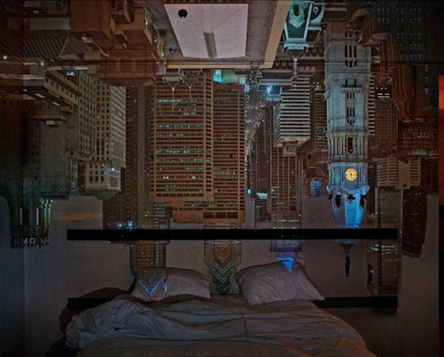 Camera Obscura: Night View of Philadelphia from Loews Hotel Room #3013, April 14th, 2014 ©Abelardo Morell/Courtesy of Edwynn Houk Gallery, New York