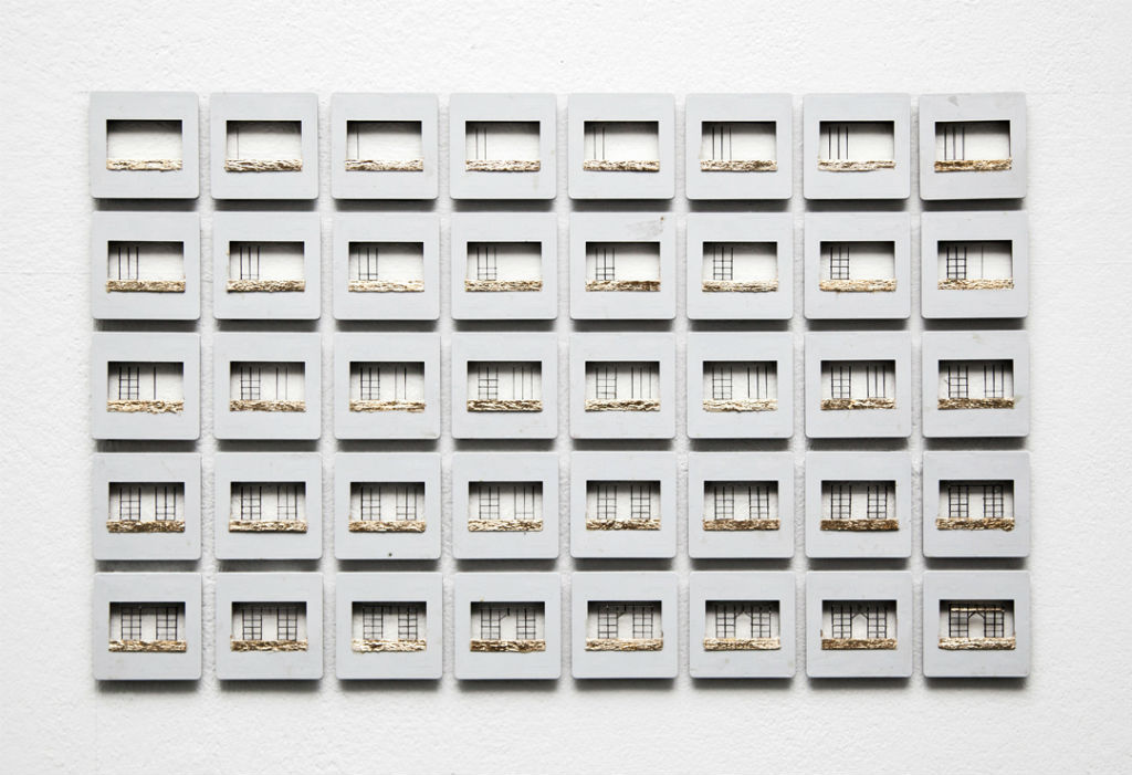 Model, Carbon fibre, balsa, gold and slide mounts, Projection (exhibition Interview Room 11, Image credit David Guillen 2015)