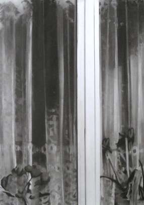Window view with plants (Herne 05/2012), 2012, Kohle auf Papier, 76,5 x 53,5 cm