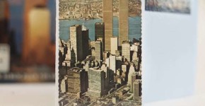 1972 Aerial Photo Postcard (unfinished Twin Towers). Part of the installation ‘When the Twins were still beautiful’ © Thomas Kuijpers & LhGW