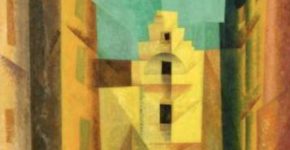 Lyonel Feininger (1871 – New York – 1956) „Gelbe Gasse“ (auch „Gasse I“, „Yellow Lane“). 1932 Öl auf Leinwand. 100 × 80 cm Unten links signiert und datiert: Feininger 32. Auf dem Keilrahmen oben links mit Feder in Schwarz signiert, datiert und betitelt: Lyonel Feininger 1932 „Gasse I“.