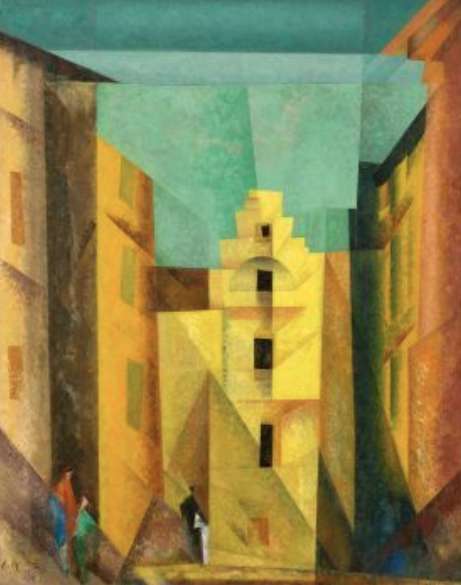 Lyonel Feininger (1871 – New York – 1956) „Gelbe Gasse“ (auch „Gasse I“, „Yellow Lane“). 1932 Öl auf Leinwand. 100 × 80 cm Unten links signiert und datiert: Feininger 32. Auf dem Keilrahmen oben links mit Feder in Schwarz signiert, datiert und betitelt: Lyonel Feininger 1932 „Gasse I“.