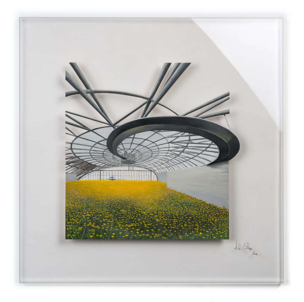 Architektur trifft Natur I/X: Ein- & Aufgangs-T-räume I Holz mit Acrylfarbe auf Plexiglas, 75 x 75 cm, 2016