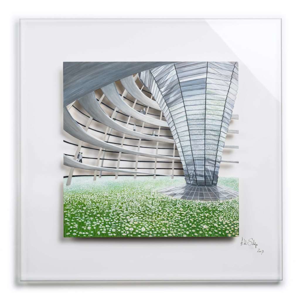Architektur trifft Natur V/X: Ein- & Aufgangs-T-räume V Holz mit Acrylfarbe auf Plexiglas, 75 x 75 cm, 2017